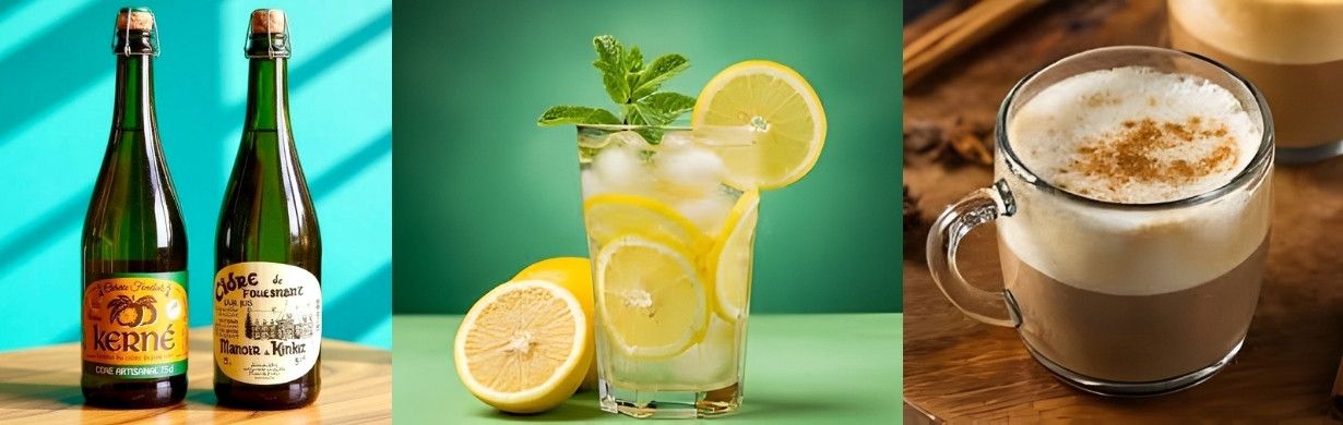 Dos botellas de sidra verde con corchos y etiquetas sobre una superficie de madera contra un fondo verde azulado.