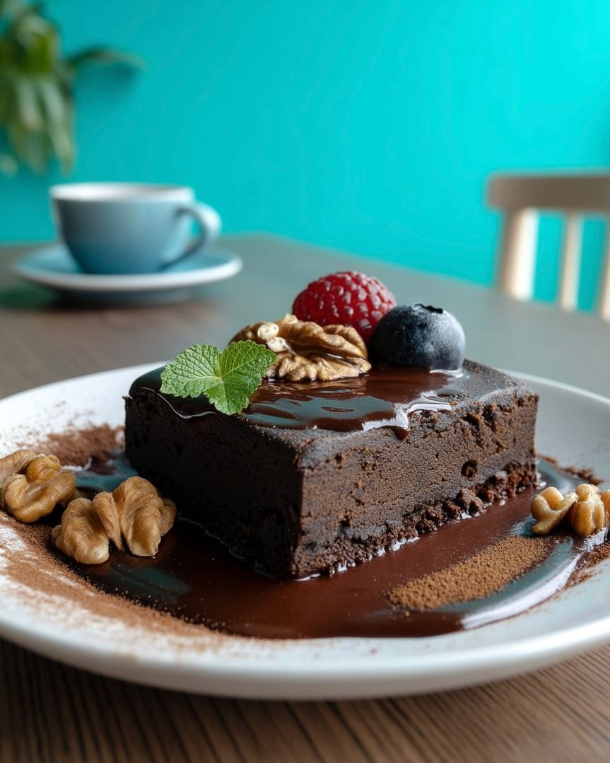 Postre de chocolate cubierto con bayas y nueces en un plato, con una taza de café de fondo.