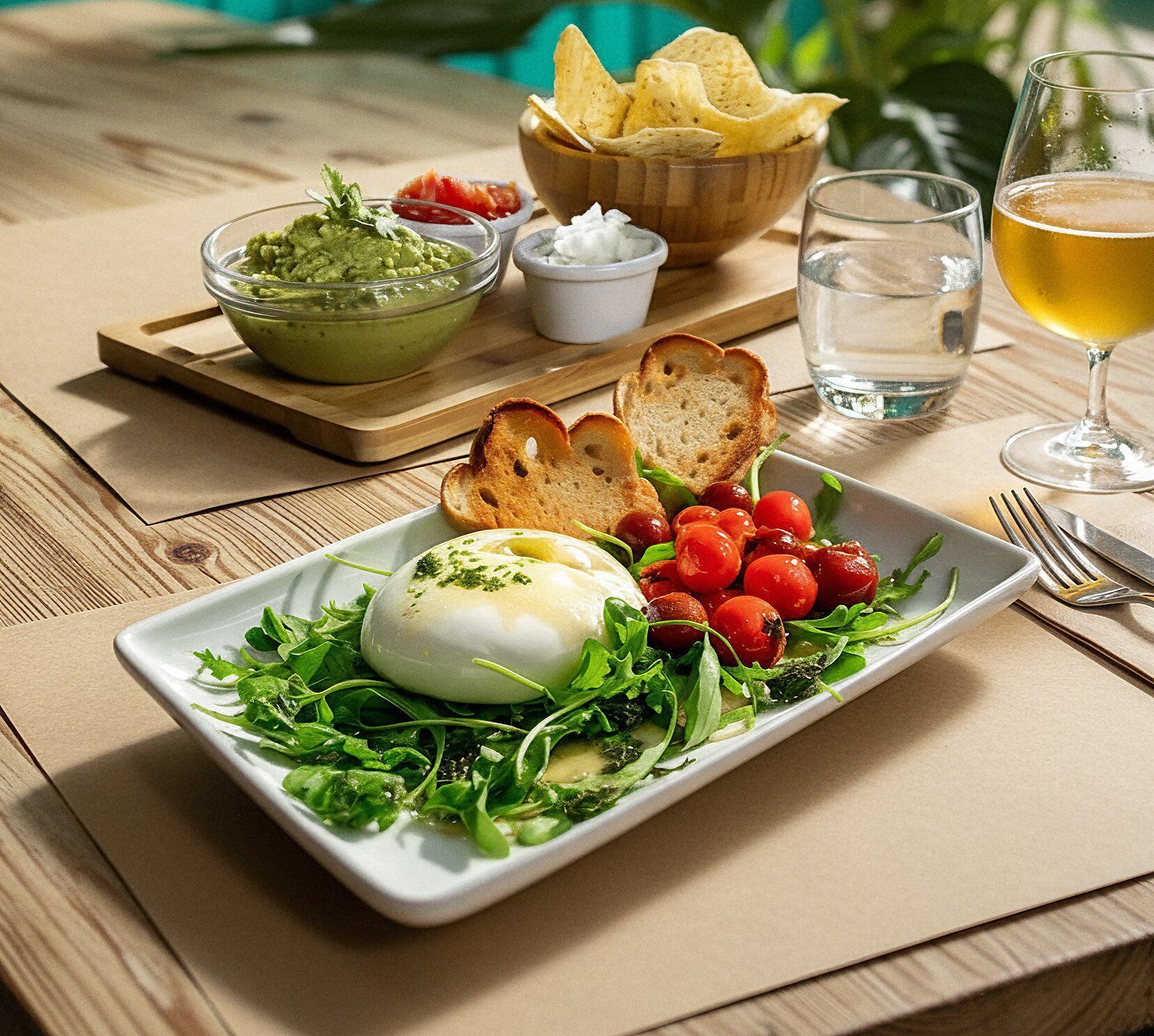Una mesa preparada: burrata, guacamole, patatas fritas, tomates, pan y bebidas.