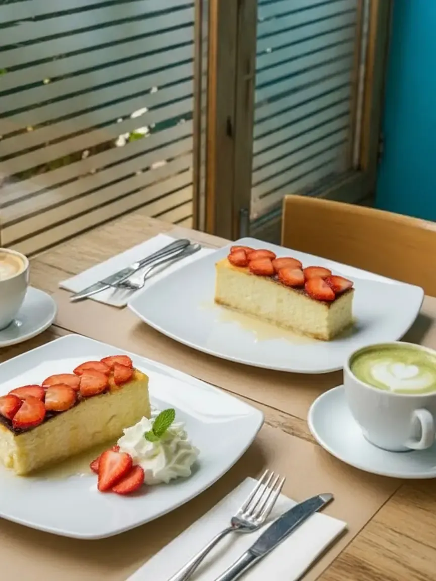 Dos rebanadas de tarta de queso y fresa en platos con un café con leche y un café con matcha en una mesa de café.