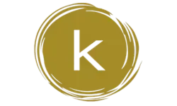Logotipo de círculo dorado con una "k" blanca en el interior.