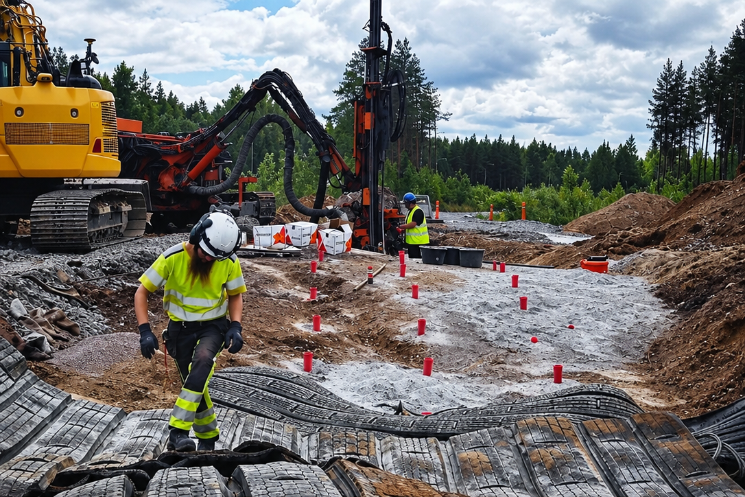 Kunnallistekniikan kanaalilouhinta vesi- ja viemärilinjalle valkoisella poravaunulla Espoossa – Rock MKR Oy