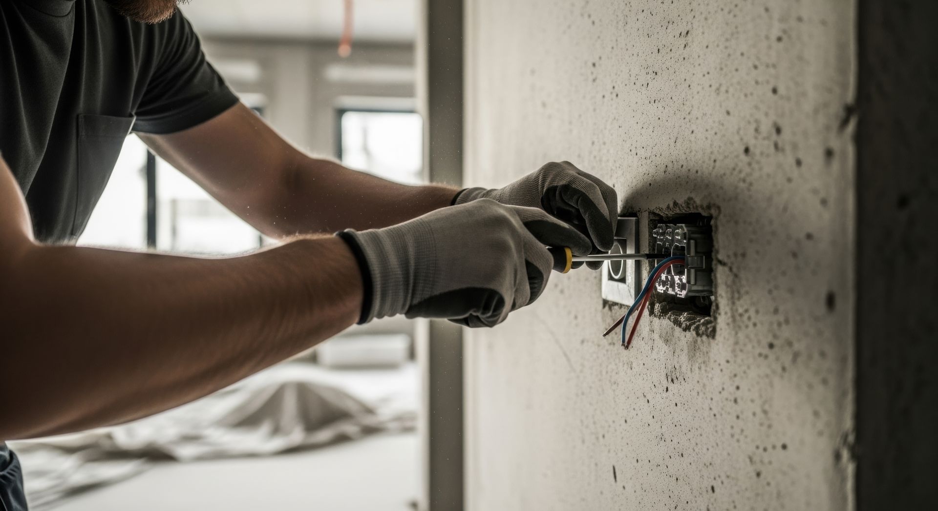 Un électricien effectue le câblage d'une prise murale avec ses outils ; le boîtier électrique apparent est visible.