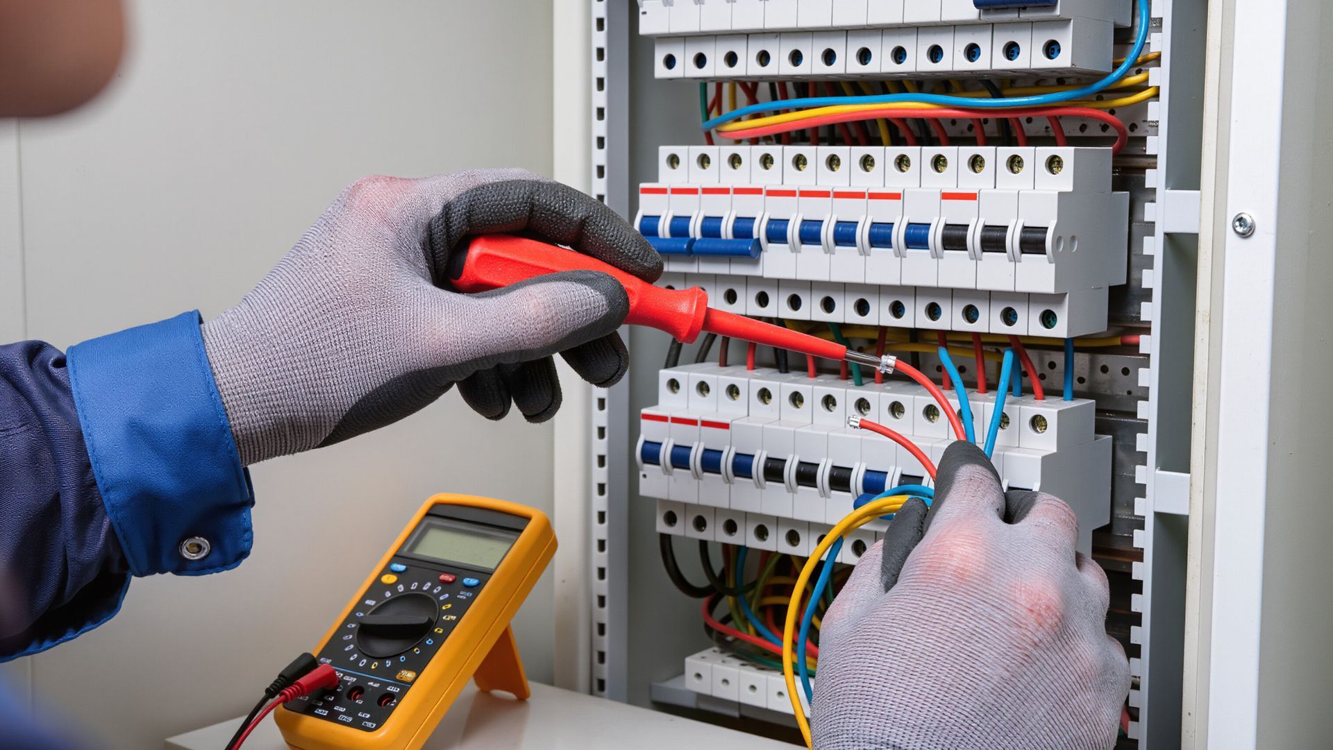Un technicien effectue le câblage d'un tableau électrique à l'aide d'un multimètre et de gants isolants.