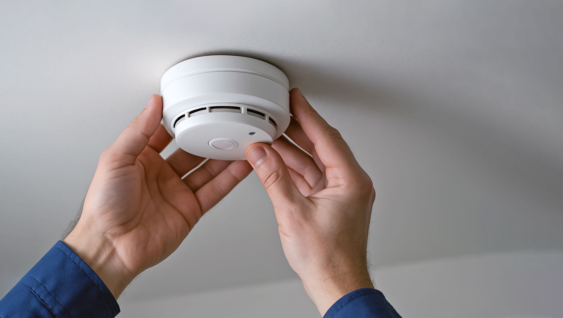 Des mains installent un détecteur de fumée blanc au plafond.