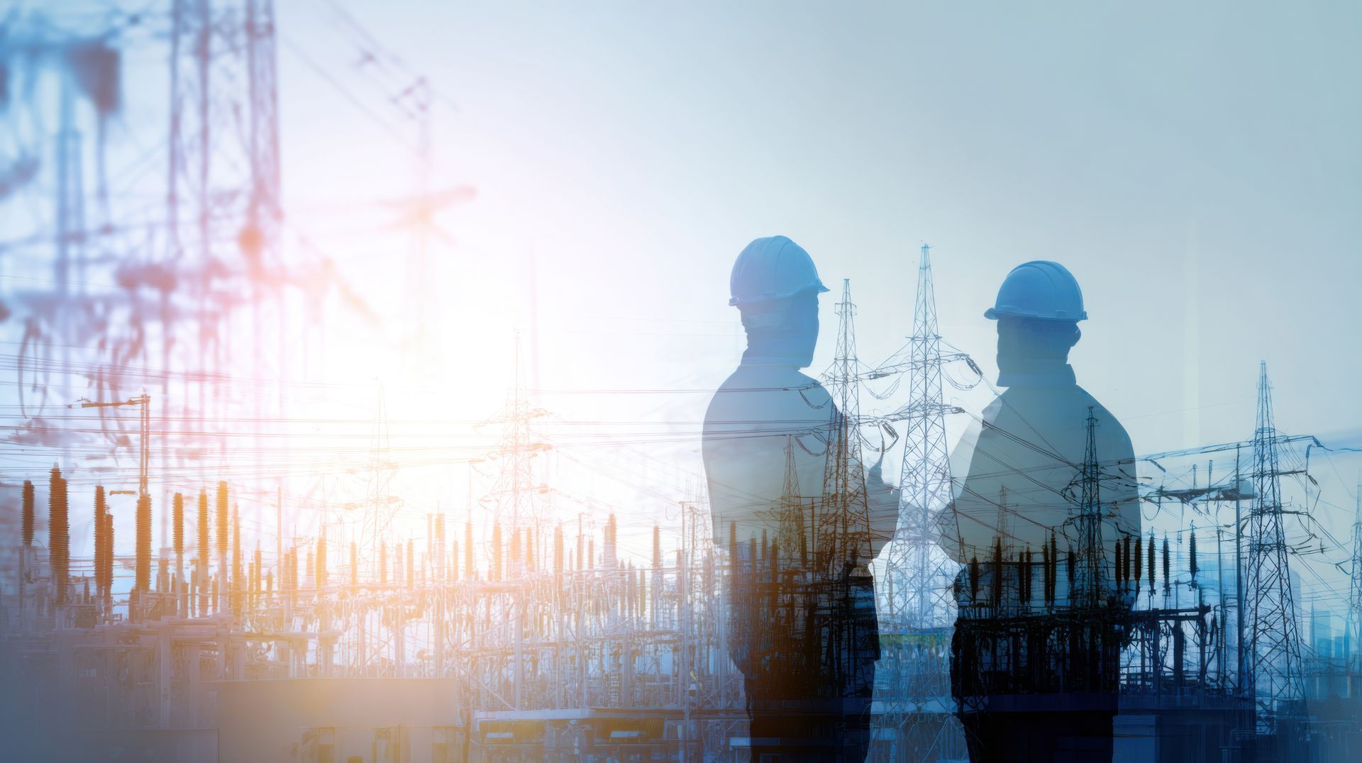 Des ingénieurs en casque de chantier se découpent en silhouette sur une station électrique au coucher du soleil.