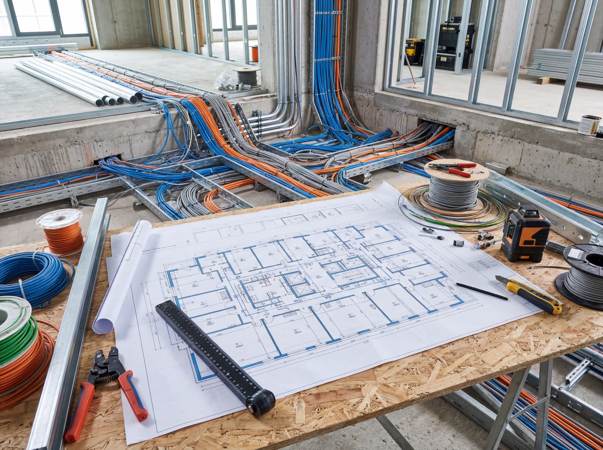Plan posé sur un établi sur un chantier, entouré de câbles et d'outils bleus et orange apparents.
