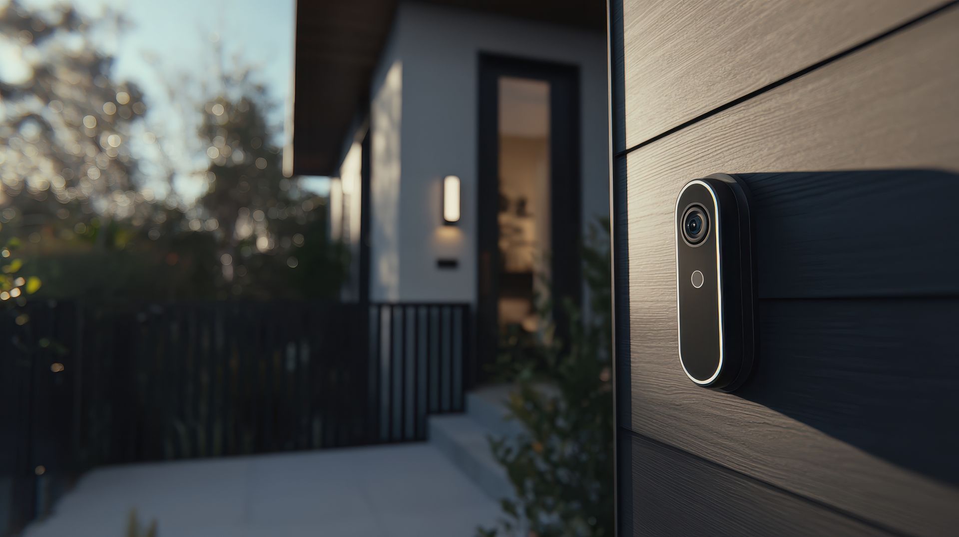 Porte d'entrée avec serrure intelligente sur la façade d'une maison moderne.