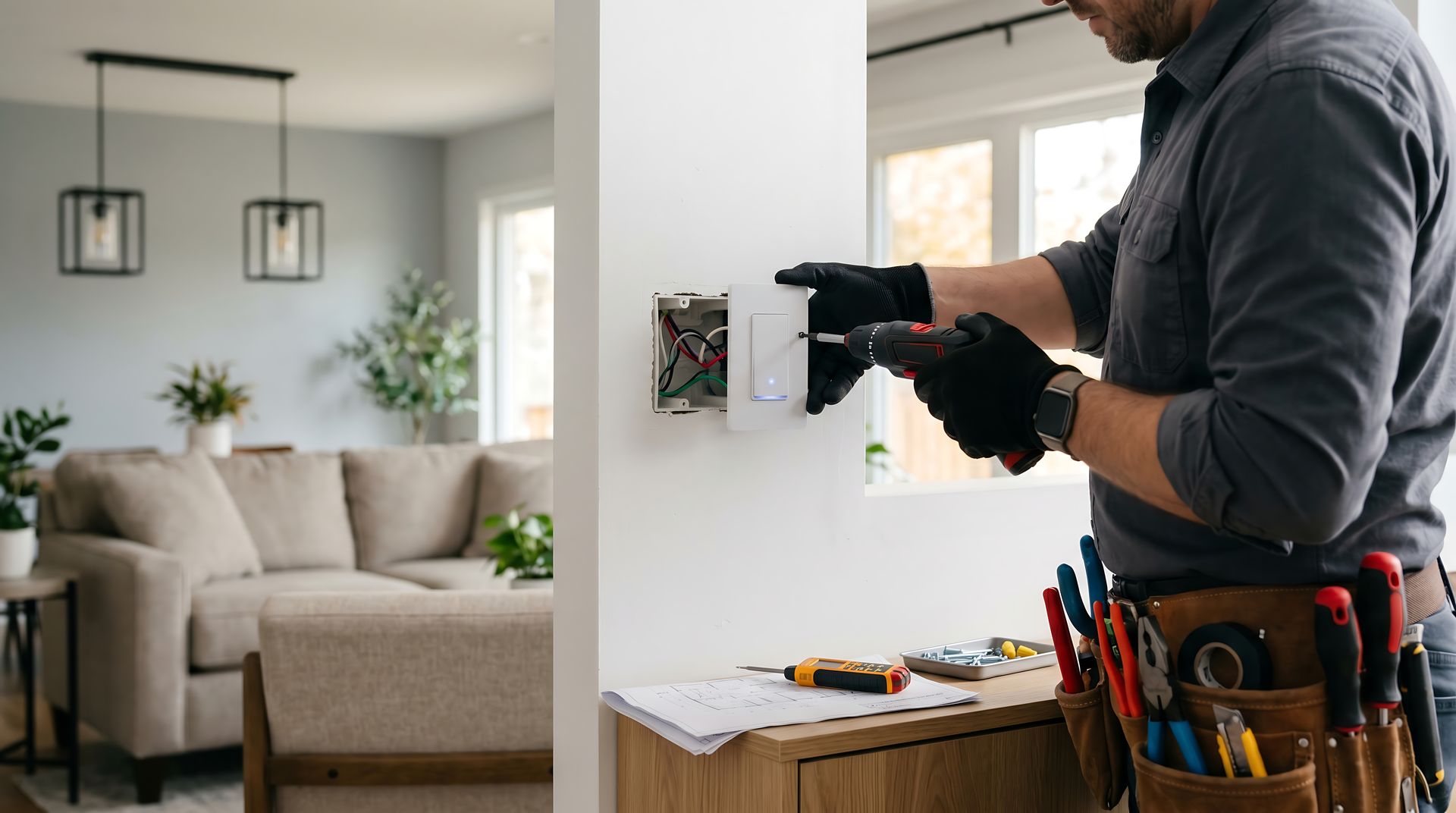Un électricien installe une prise murale dans un salon lumineux, ses outils étant posés sur une table à proximité.