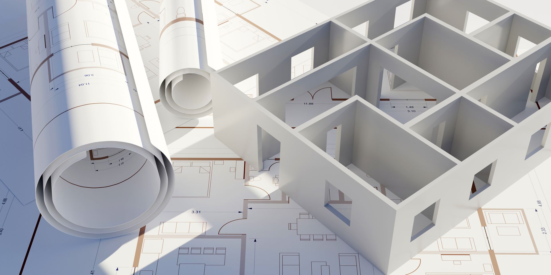 Plan d'une maison en 3D blanc.