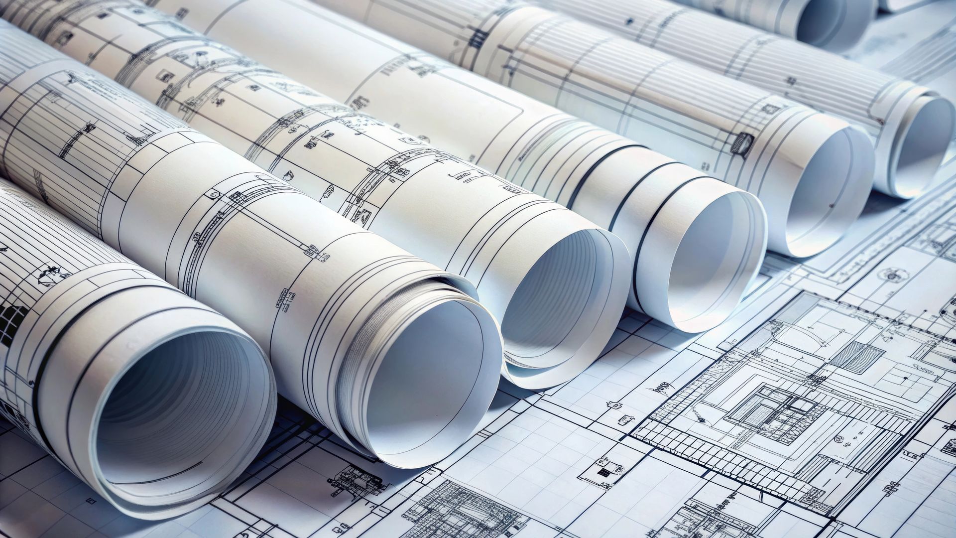 Des plans architecturaux roulés et empilés sur une table à dessin, les dessins étant visibles en dessous.