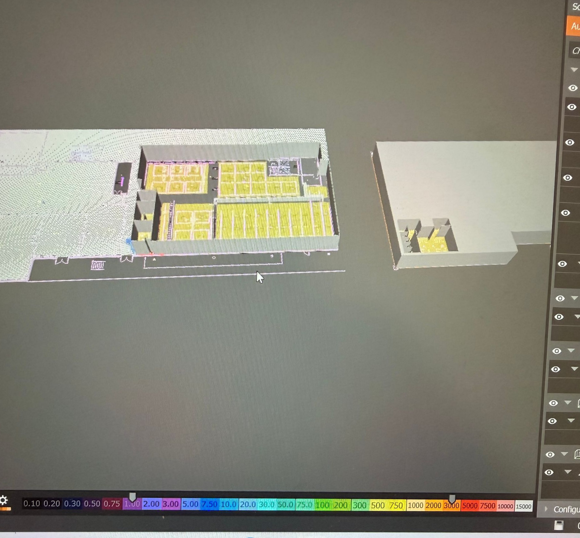Espace de travail Blender affichant deux scènes 3D grises avec des blocs surlignés en jaune dans la fenêtre principale et un petit aperçu.