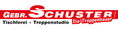Rot-weißes Logo für Gebr. Schuster, ein Schreinerei- und Treppenbauunternehmen, mit dem Slogan „Die Treppenbauer“.
