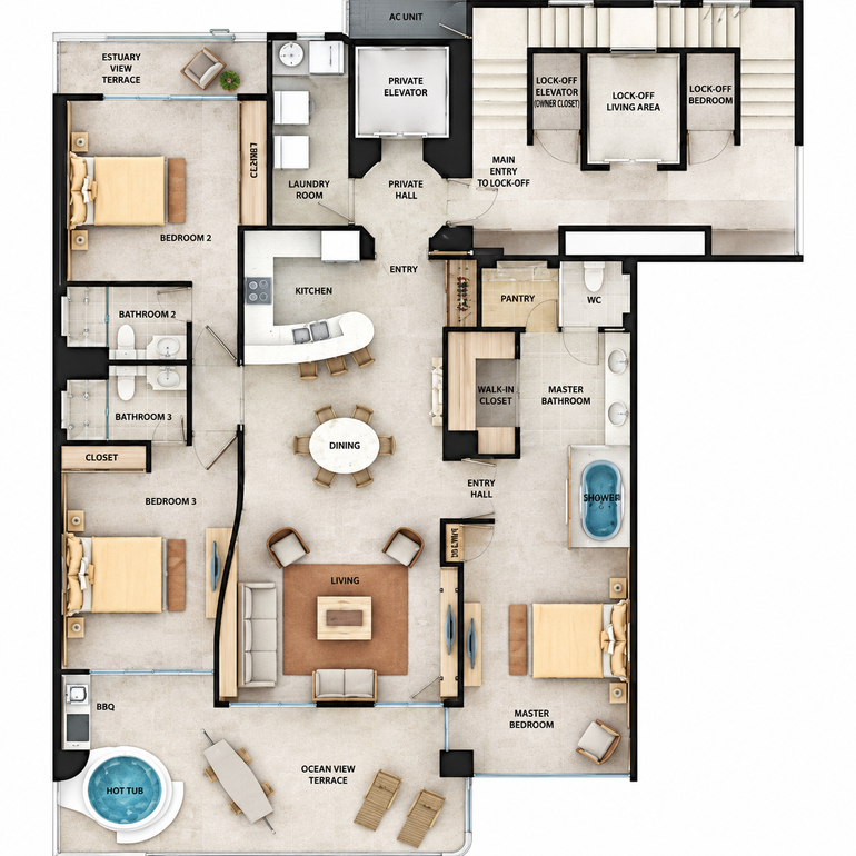 Top-down floor plan of a home with living room, kitchen, bedrooms, bathrooms, and outdoor patio.