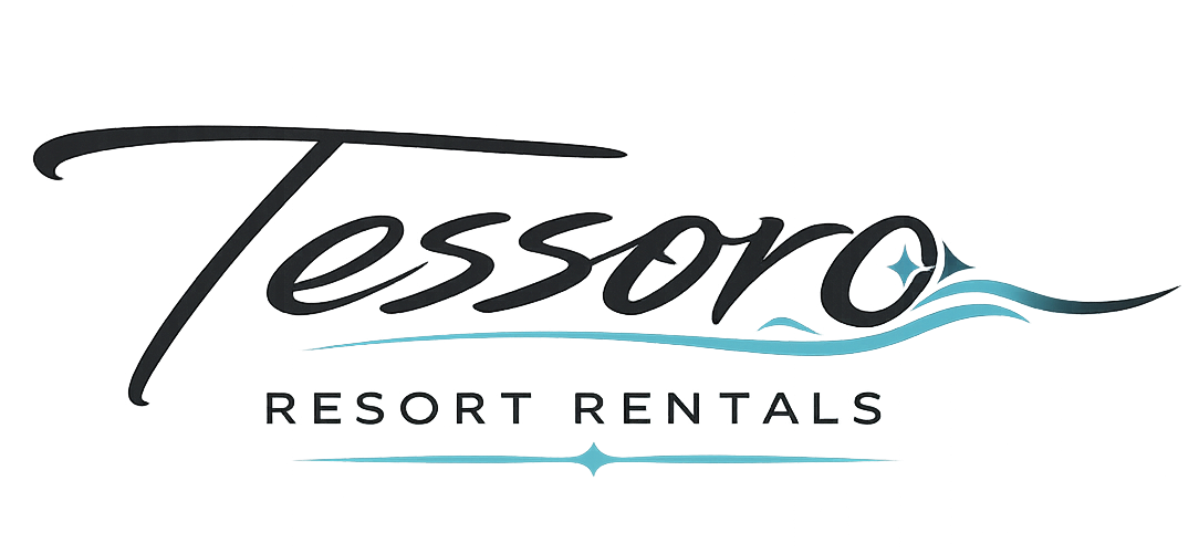 Tessoro Resort Rentals logo in black and teal with a wave line on a white background