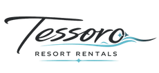Tessoro Resort Rentals logo in black and teal with a wave line on a white background