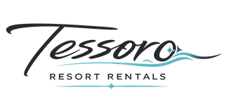 Tessoro Resort Rentals logo in black and teal with a wave line on a white background
