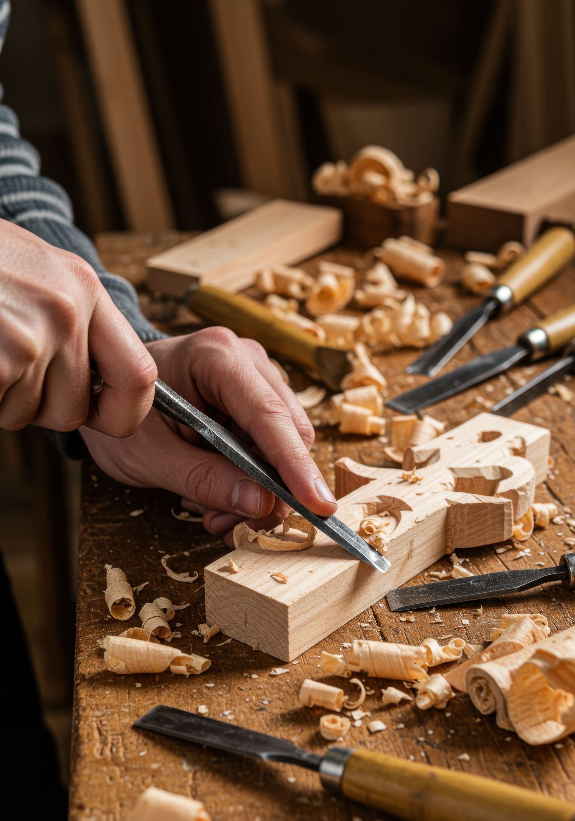 Personne sculptant du bois au ciseau, outils de menuiserie, copeaux de bois sur une table en bois.