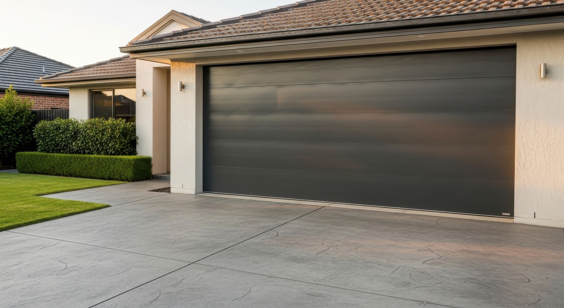 Porte de garage sur une maison avec une allée en béton et des buissons taillés.