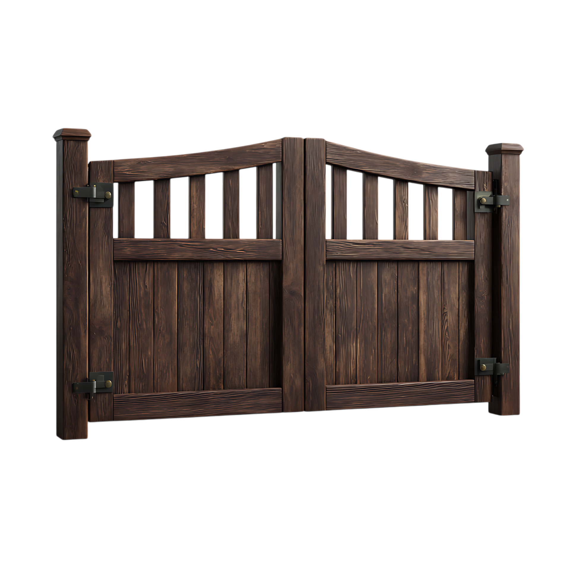 Portail double en bois foncé, à planches verticales et partie supérieure cintrée.