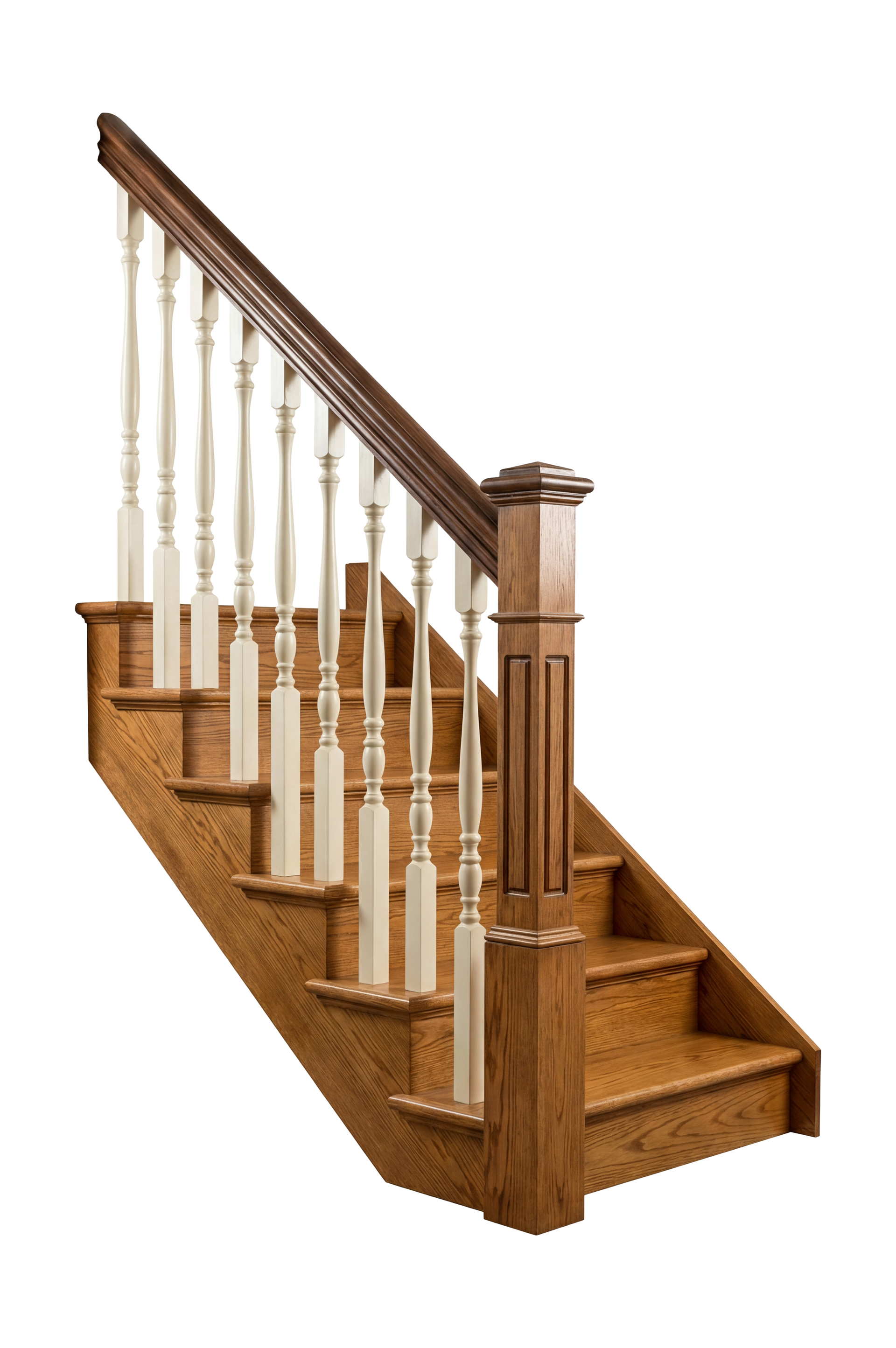 Escalier en bois avec balustres blancs, rampe marron et marches recouvertes de moquette.