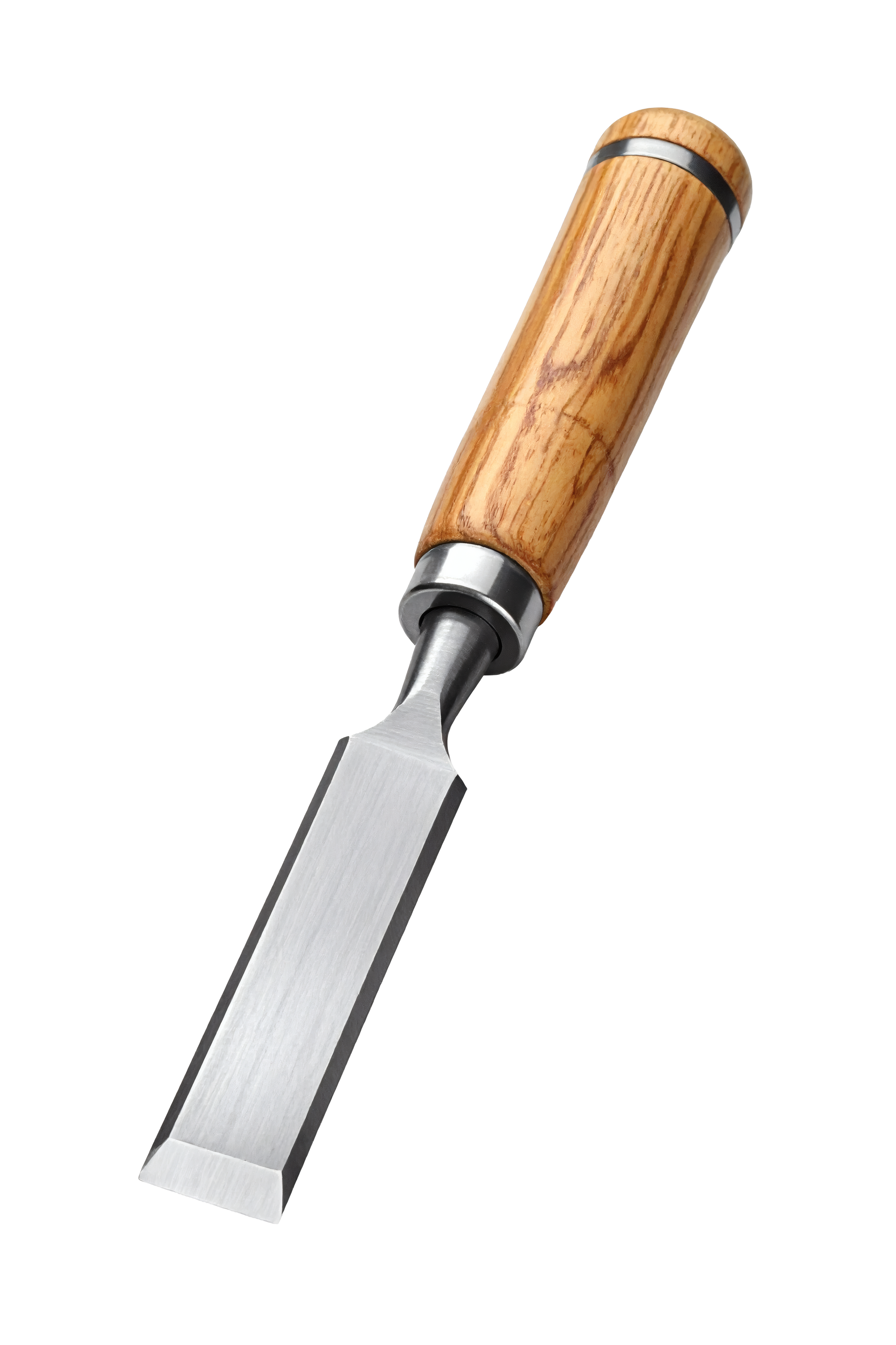 Outil ciseau à lame argentée et manche en bois.