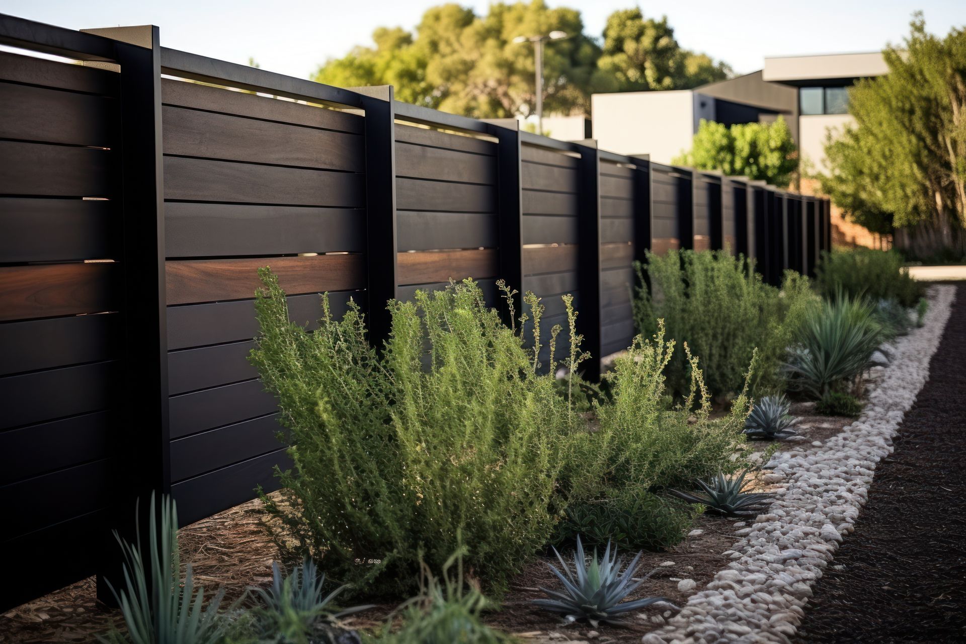 Clôture à claire-voie noire délimitant un aménagement paysager composé d'arbustes verts et de roches décoratives.