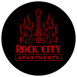 Rock City Apartments Logo, rote Gitarre mit Flammen auf schwarzem Kreis
