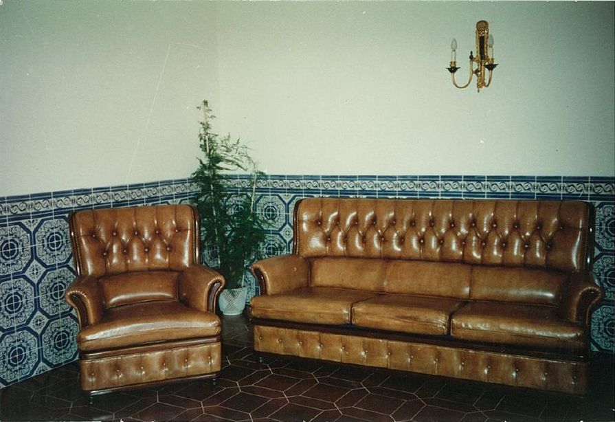 Sofá e poltrona de couro marrom contra uma parede de azulejos, planta e arandela.