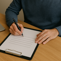 Personne écrivant sur un document tenu par un presse-papiers, sur un bureau en bois.
