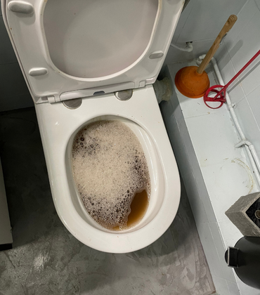 Cuvette de toilettes avec un liquide brun et mousseux et une ventouse posée sur le mur.