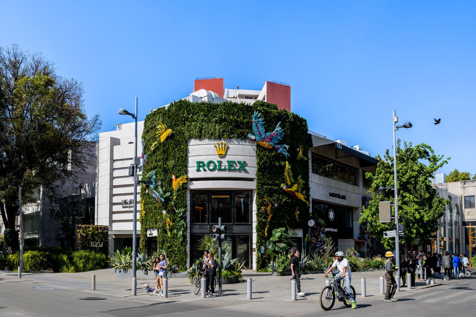 Street corner with a Rolex storefront, greenery, and pedestrians under a bright blue sky.
