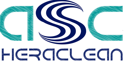 Logotipo de Heraclean, con texto verde azulado "ASC" y líneas curvas azules, y texto azul "HERACLEAN".