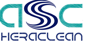 Logotipo de Heraclean, con texto verde azulado "ASC" y líneas curvas azules, y texto azul "HERACLEAN".