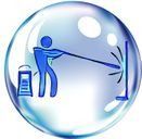 Figura azul limpiando la superficie con una herramienta larga, un balde al lado, todo dentro de una burbuja transparente.