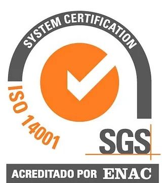 Logotipo de certificación ISO 14001 de SGS. Marca naranja dentro de un círculo, con