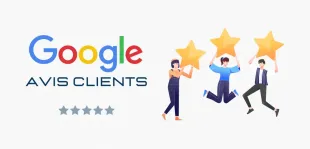 Bannière Google Avis Clients avec des personnes tenant des étoiles dorées