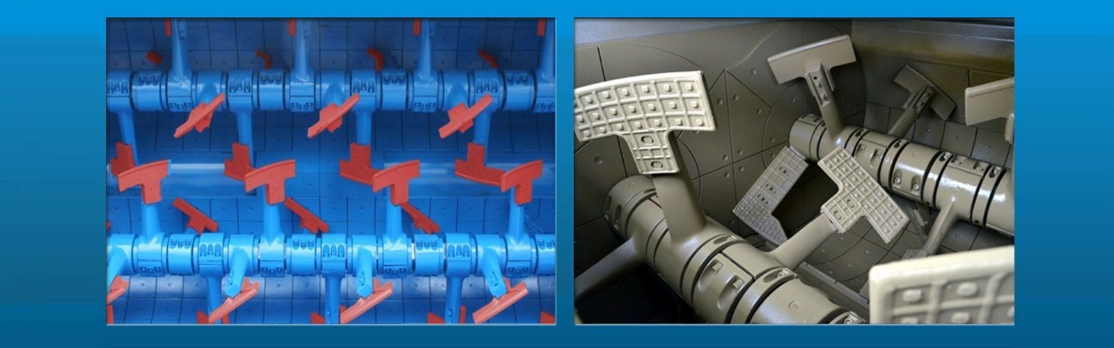 Paneles azules y grises que muestran flechas rojas sobre un patrón de circuito y mangueras industriales con etiquetas.