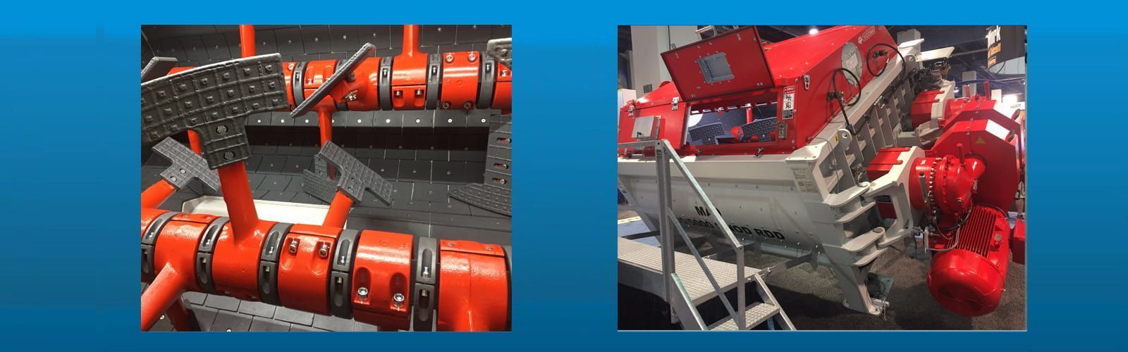 Dos máquinas industriales rojas sobre una plataforma metálica, mostradas una al lado de la otra en un entorno que simula un taller.