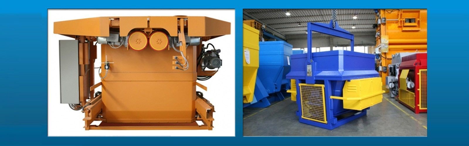 Máquina industrial en naranja, azul y amarillo, mostrada desde vistas frontal y lateral sobre un fondo blanco.