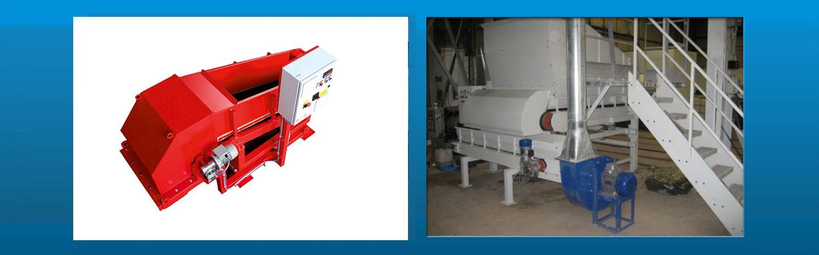 Dos máquinas industriales: una máquina roja sobre fondo blanco y una máquina gris en un entorno de fábrica.