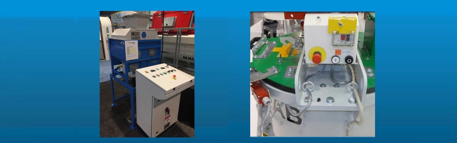 Dos máquinas industriales sobre un suelo azul, una blanca con controles rojos y amarillos, y otra azul y blanca con un panel superior.