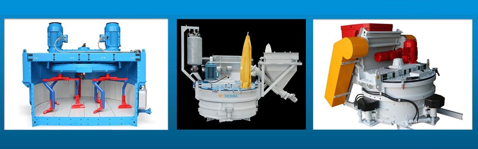 Tres ilustraciones de maquinaria industrial: equipos azules, blancos-amarillos y naranja-grises sobre un fondo blanco.