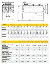Ficha técnica del producto con dibujos mecánicos acotados y tablas de datos amarillas.