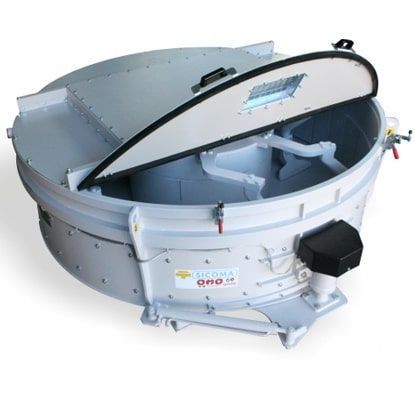 Máquina clasificadora circular industrial con tapa abierta, cuerpo de metal gris y blanco y mecanismo giratorio central.