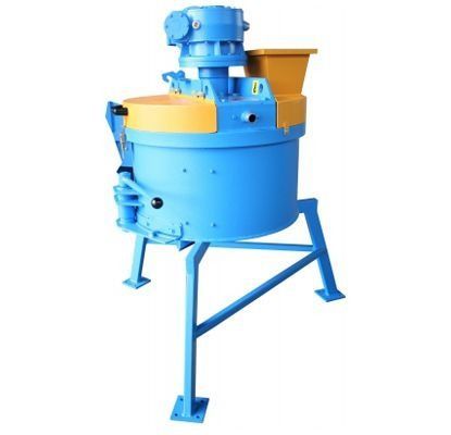 Mezcladora industrial azul con detalles amarillos sobre un soporte metálico.