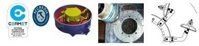 Collage de productos que muestra logotipos, una pieza mecánica azul y amarilla, un primer plano de un anillo de metal y un diagrama técnico.