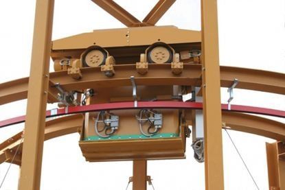 Equipo mecánico montado sobre un riel aéreo, con indicadores, ruedas y cables dentro de una estructura.