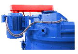 Máquina industrial azul con parte superior roja y cables grises.