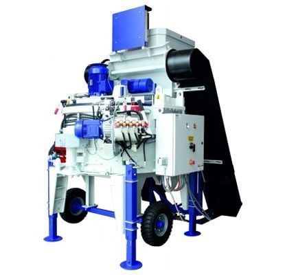 Máquina industrial con componentes azules y blancos, tolva transportadora negra y patas de soporte sobre un fondo blanco.